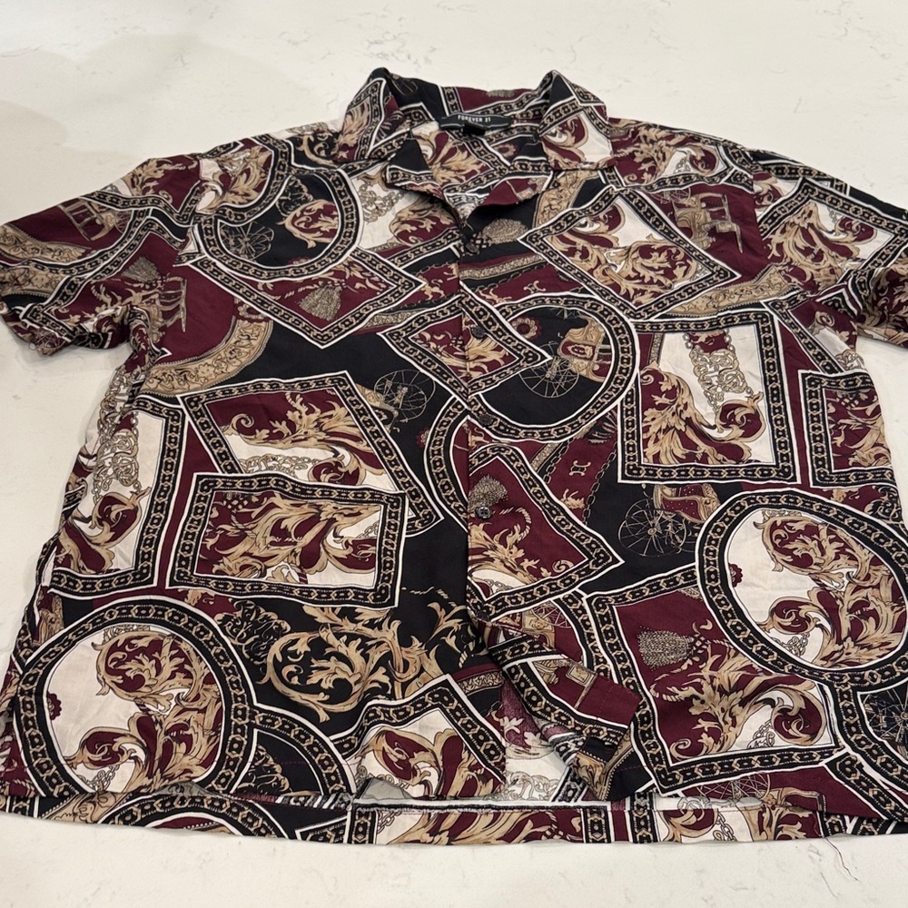 Forever 21 Men's Baroque Print Button Down Shirt - Black, Red, Cream